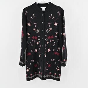 Vtg Floral Embroidered Sweater Womens Size S Black Wool Longline JILLIAN‎ JONES